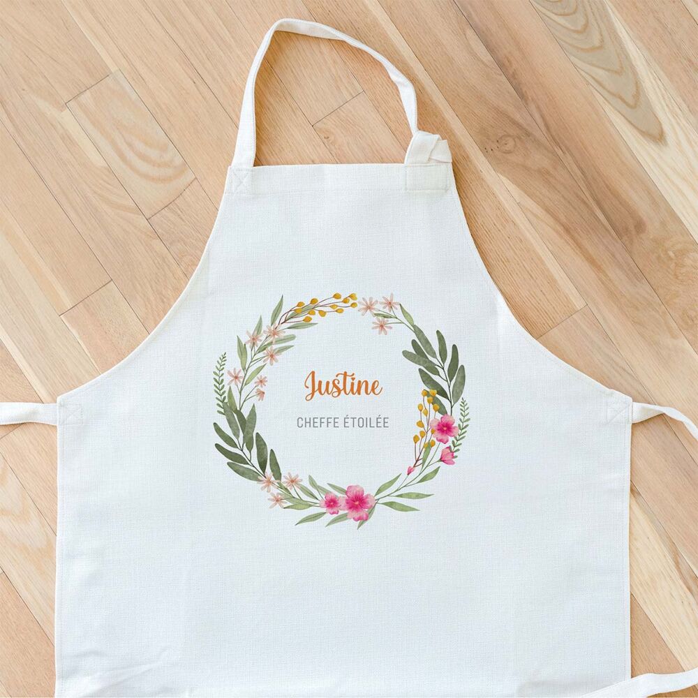 Tablier de cuisine personnalisé avec couronne de fleurs et texte