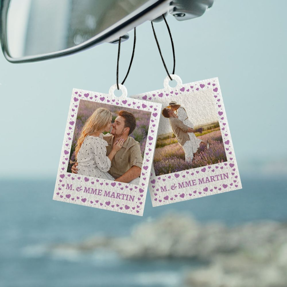 Désodorisant voiture personnalisé Design polaroïd avec cœurs - Lot de 2