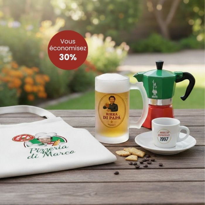 Coffret cadeau Italie avec tablier chope à bière et tasse à espresso